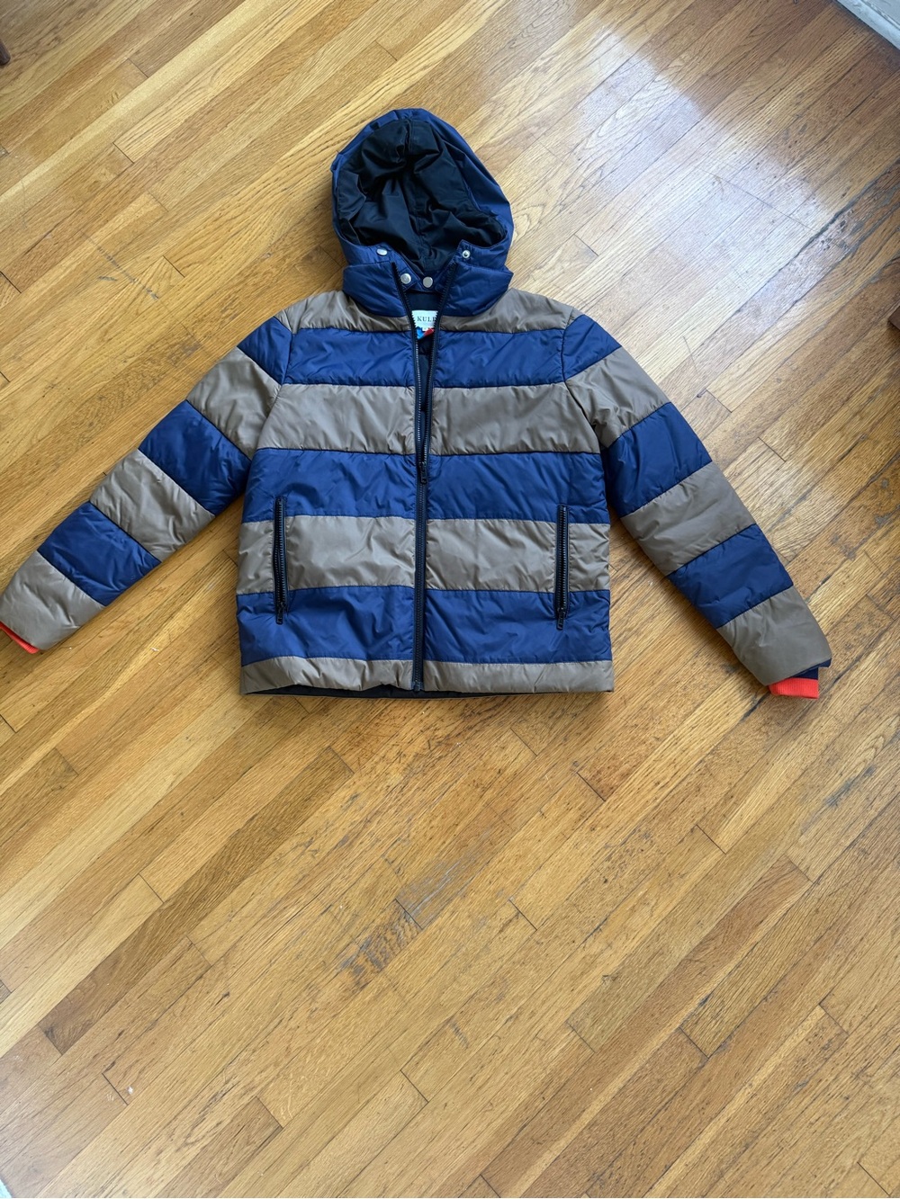 KULE Women’s Hooded Puffer Jacket - Navy and Brown Striped